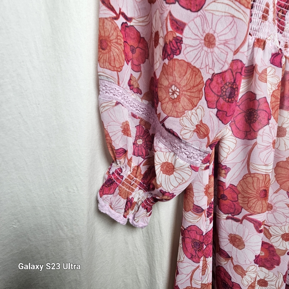 Aritzia Wilfred Hot And Pastel Pink Orange Floral Grace Midi Dress Lined Size M - Picture 2 of 6